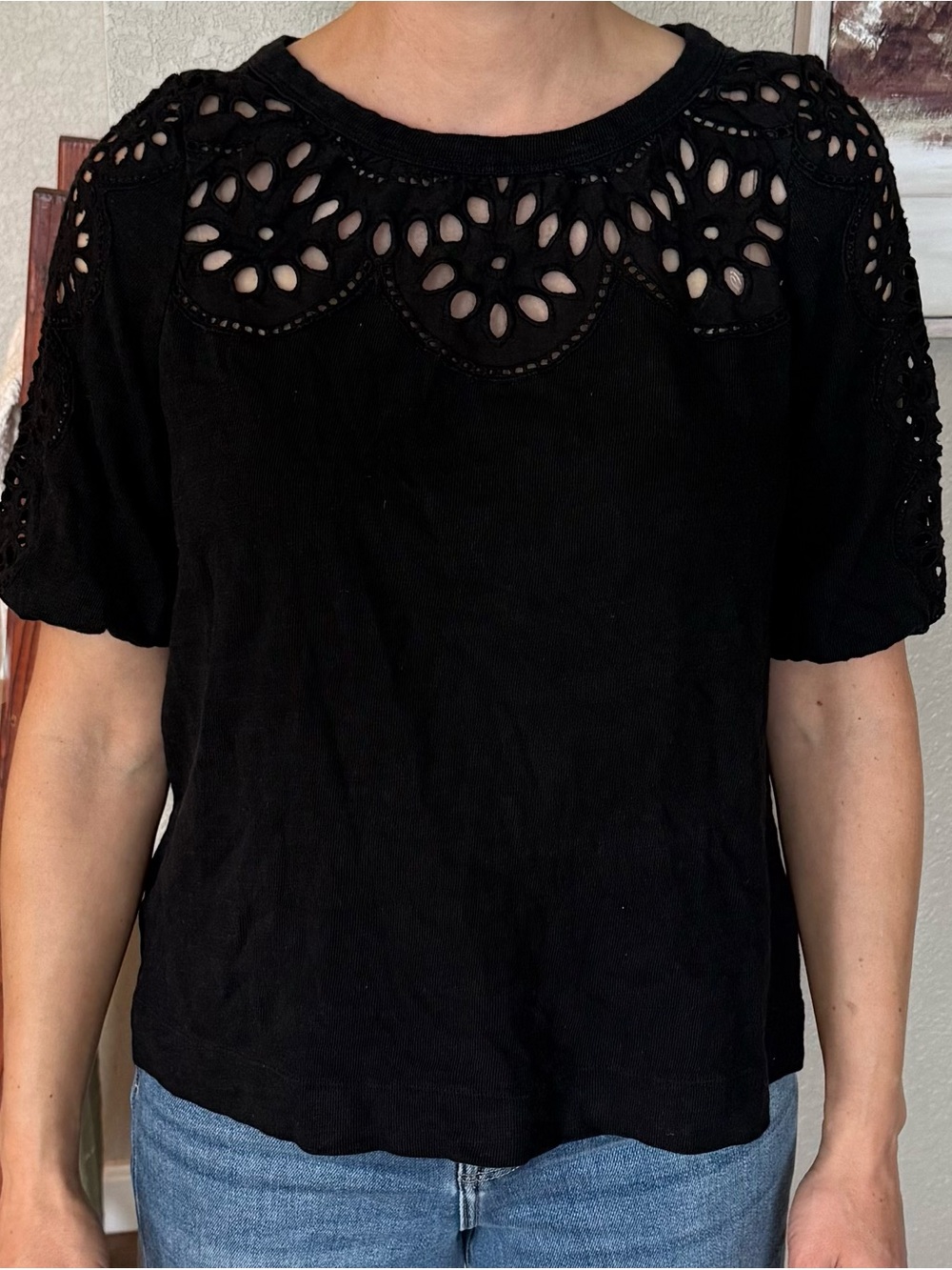 LOFT Black Cotton Eyelet Sleeve Tee
